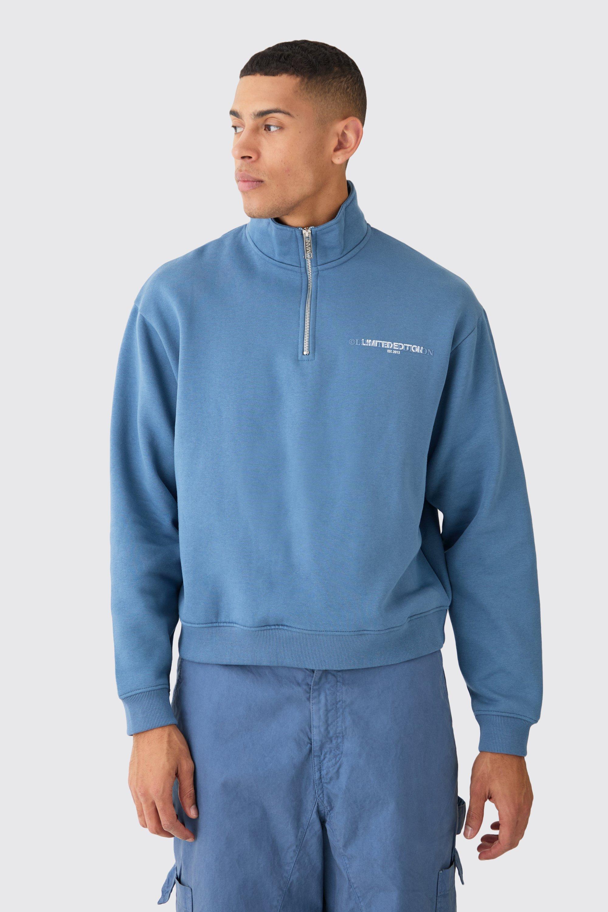 Mens Blue Oversized Boxy Limited 1/4 Zip Sweatshirt, Blue